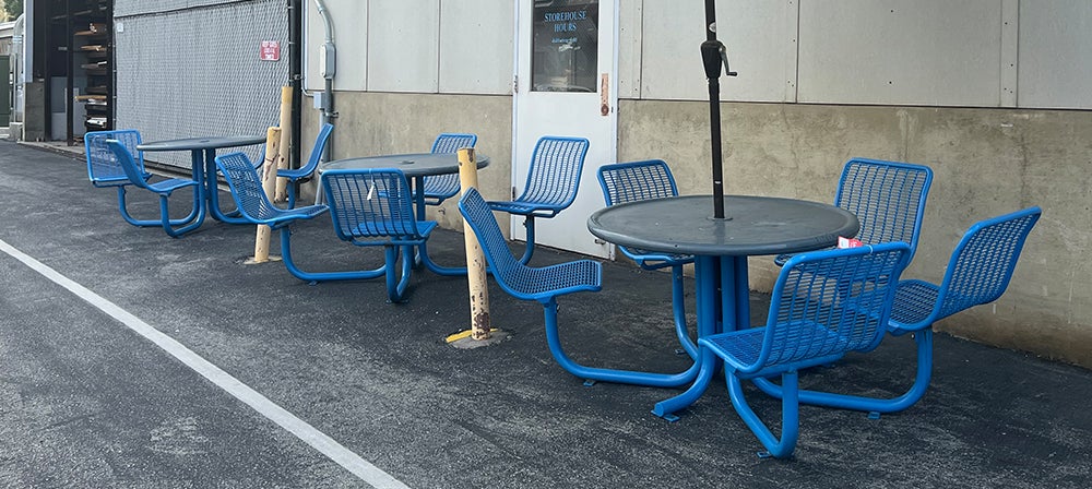 connected outdoor table and chairs