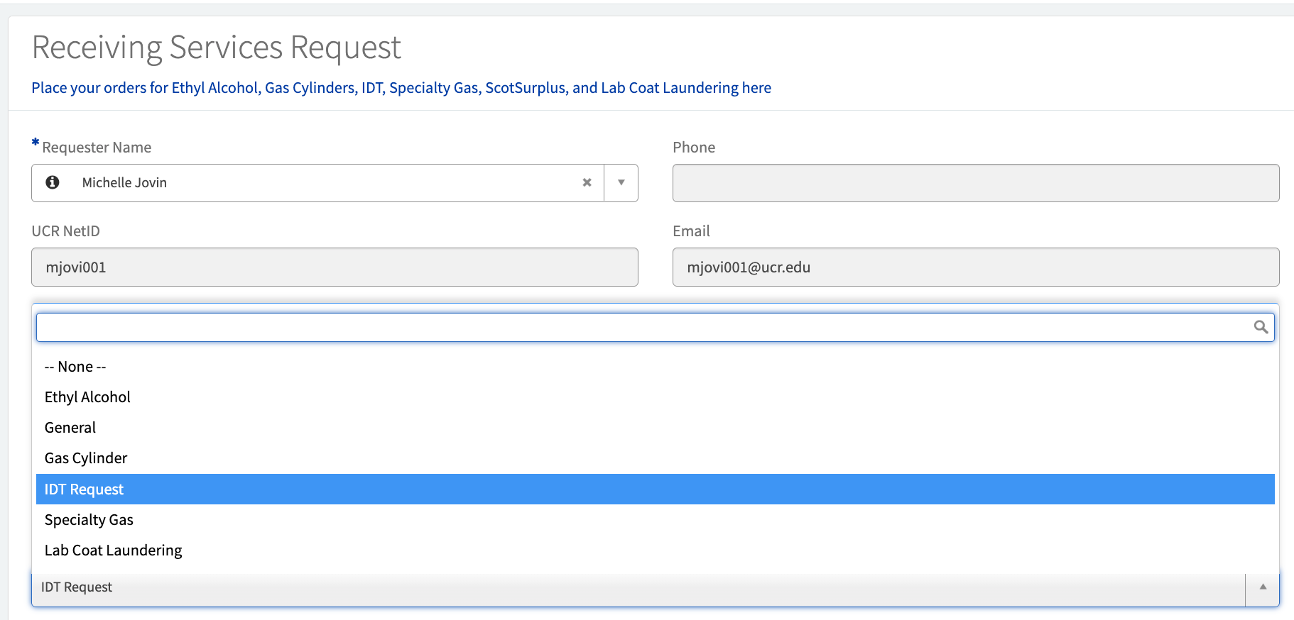 Work Order page with IDT Request selected.