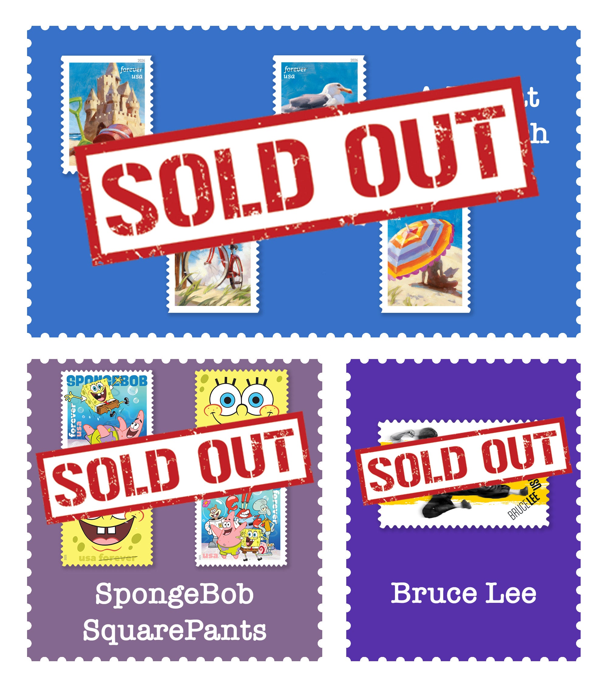 May's Stamp of the Month picks feature beach scenes, Spongebob SquarePants and Bruce Lee.