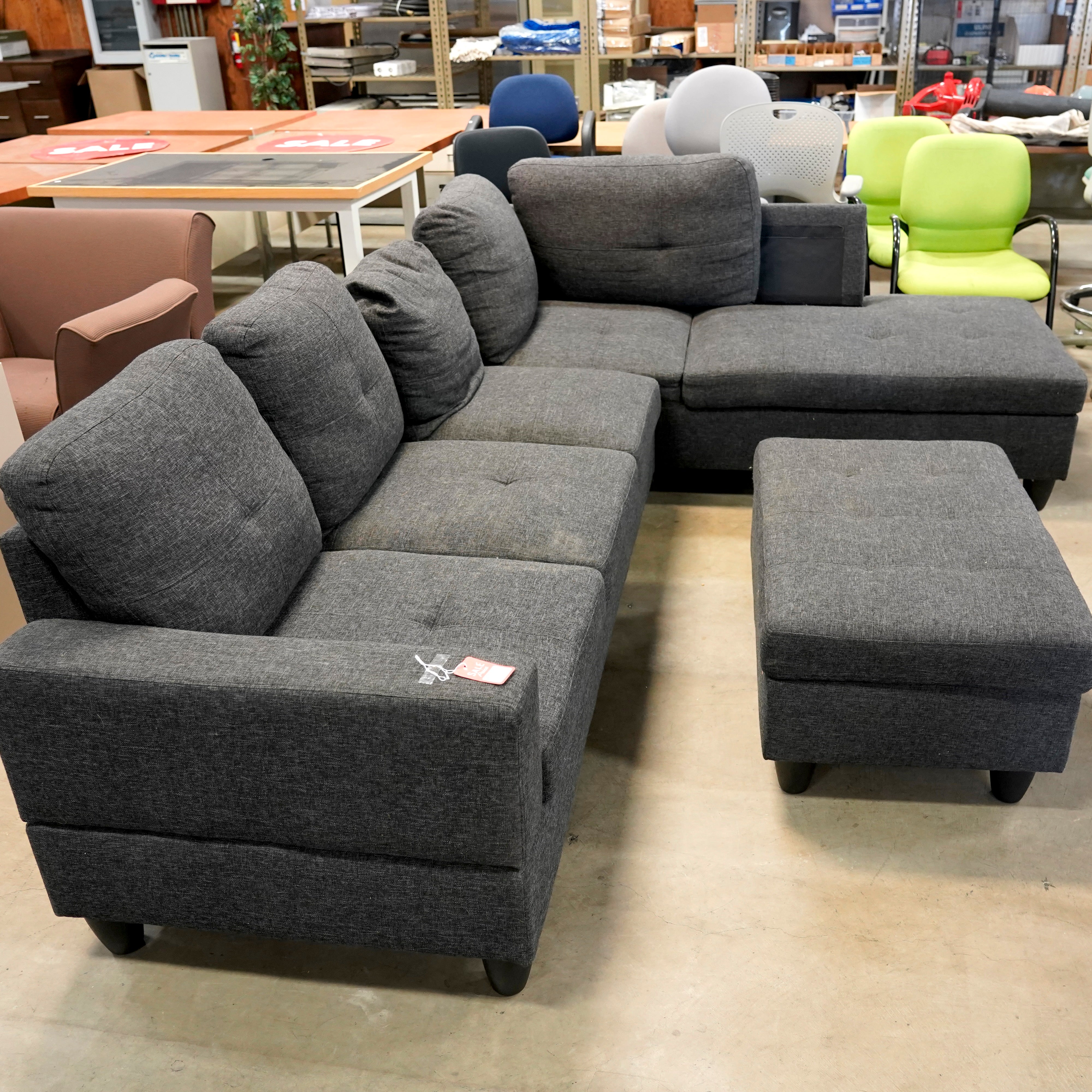 Gray-Cloth L-Shaped Couch and Ottoman