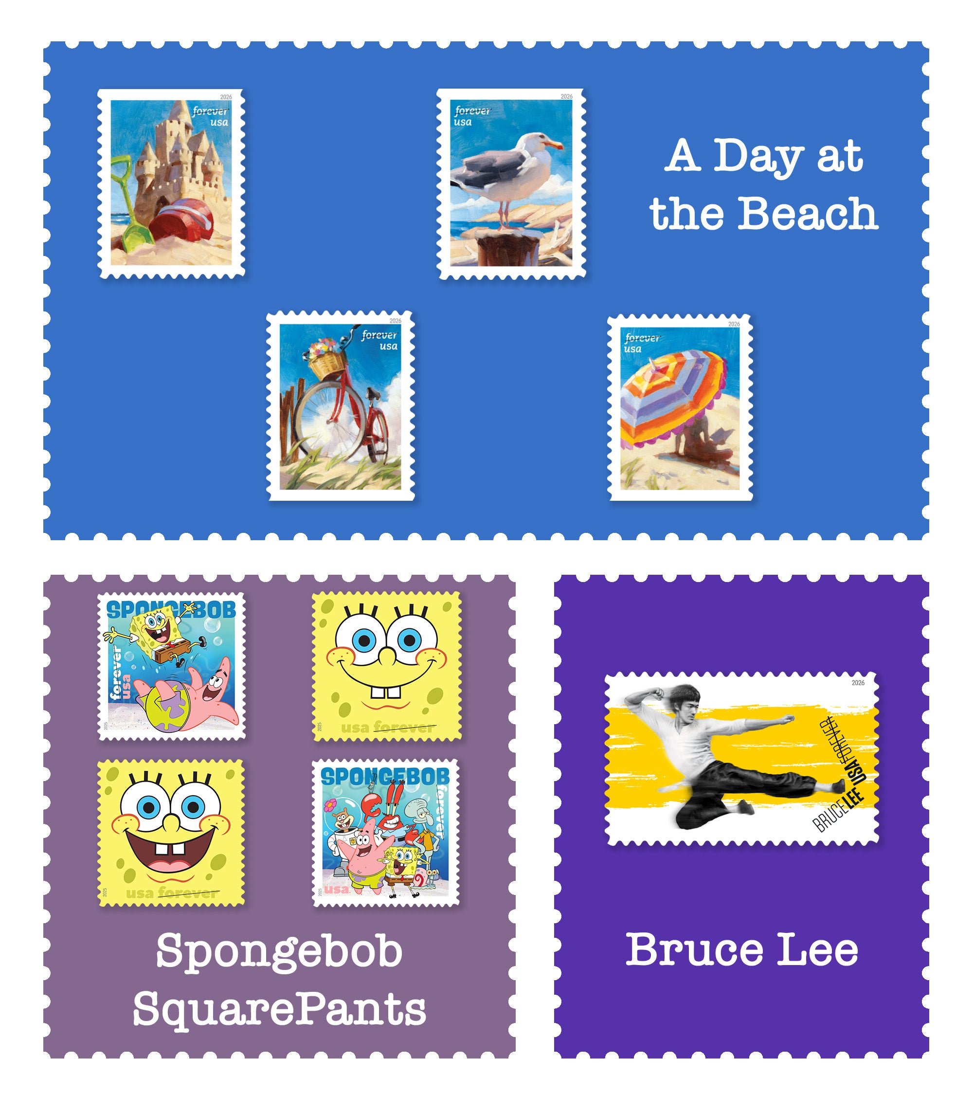 May's Stamp of the Month picks feature beach scenes, Spongebob SquarePants and Bruce Lee.
