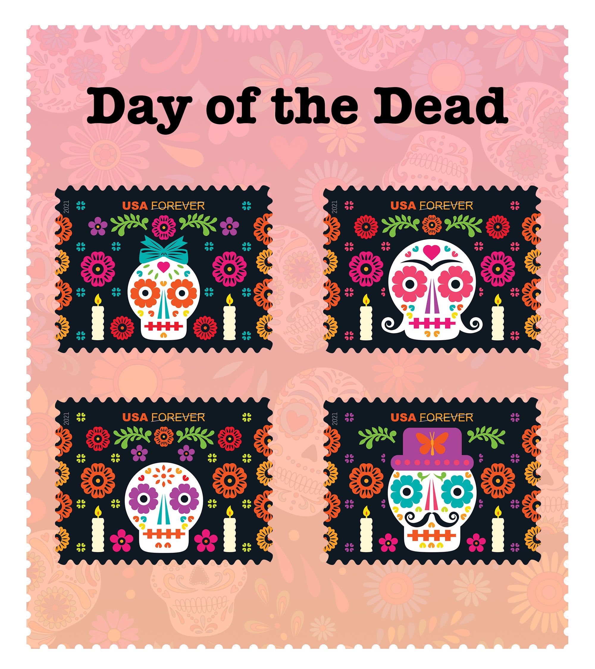 October 2026 Stamp of the Month pick, featuring four candy skulls on black backgrounds for the Day of the Dead set.