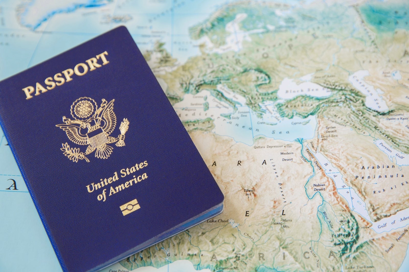Passport on a map