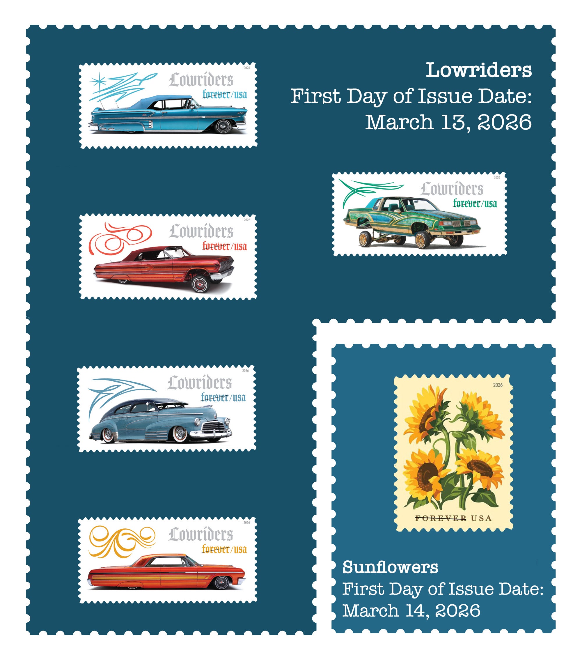 April's Stamp of the Month picks of sunflowers and lowriders.