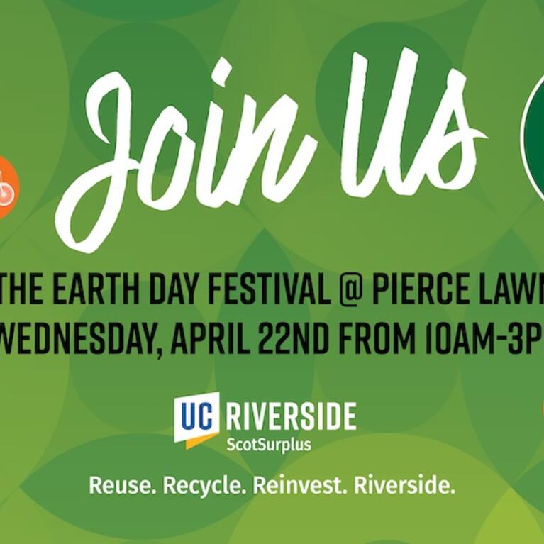 Green banner with "Join Us At the Earth Day Festival at Pierce Lawn on Wednesday, April 22 from 10AM to 3PM" on it.