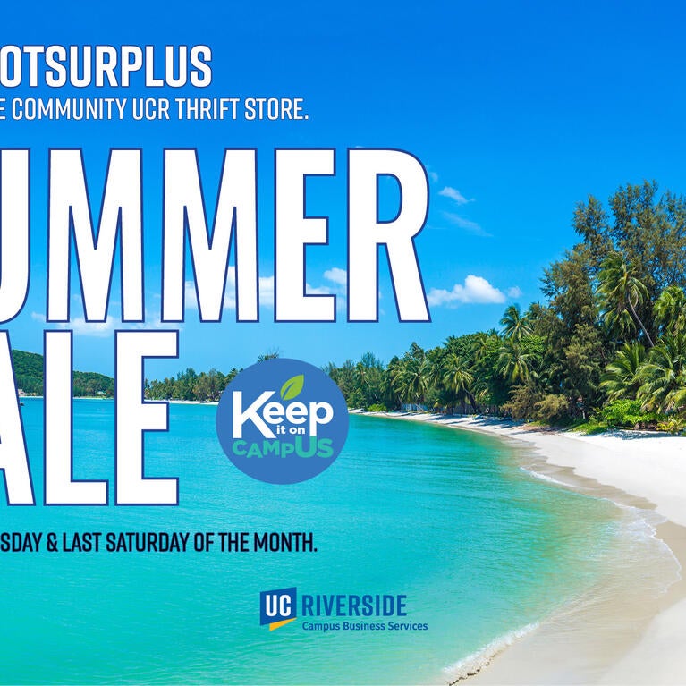 A beach scene with "UCR ScotSurplus Summer Sale: Every First Tuesday & Last Saturday of the Month."