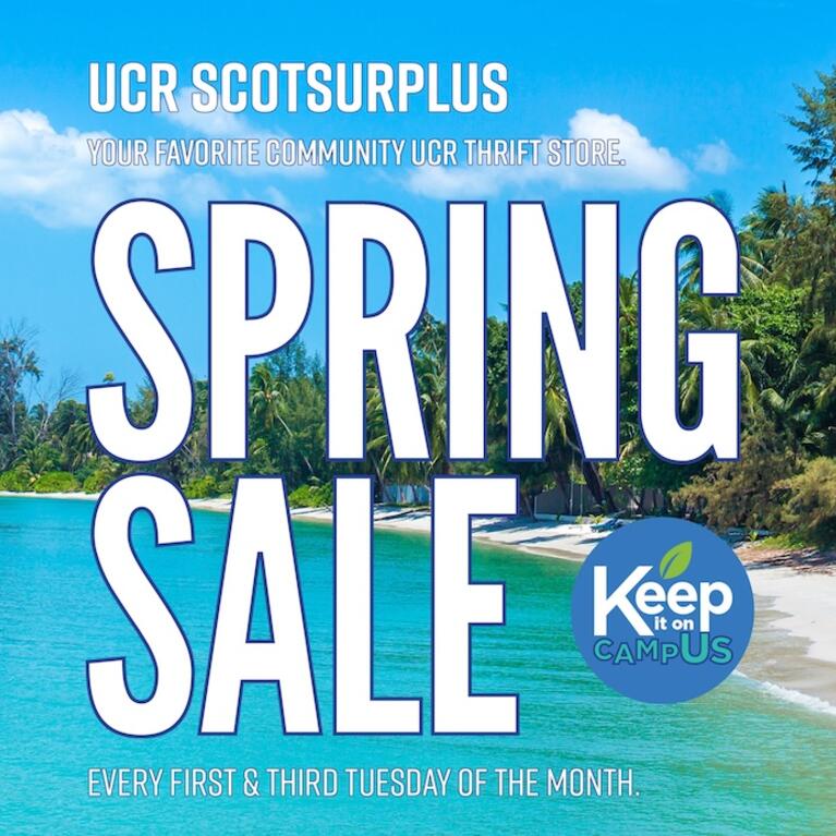 A beach scene with the text "UCR ScotSurplus Spring Sale."