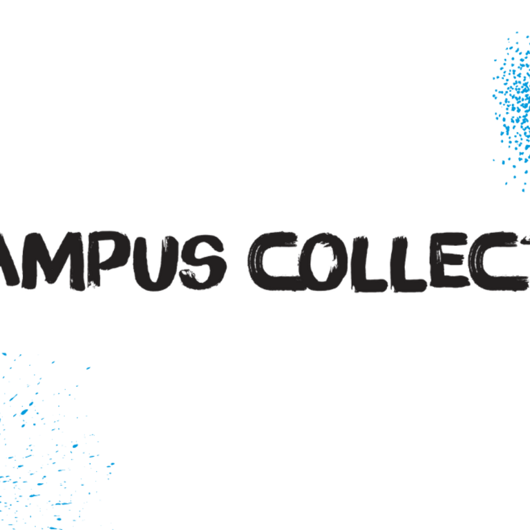 "The Campus Collective" written in black with blue spray paint drips around it and a logo of white interlocking C's.