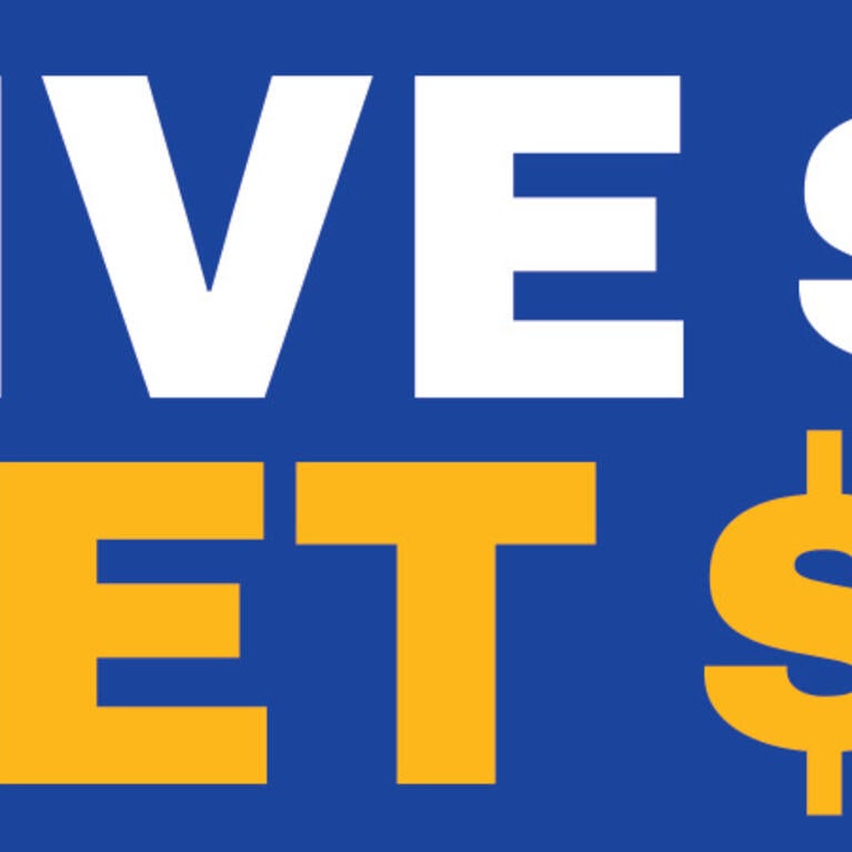 A blue background with "Give $5, Get $5" in white and gold.