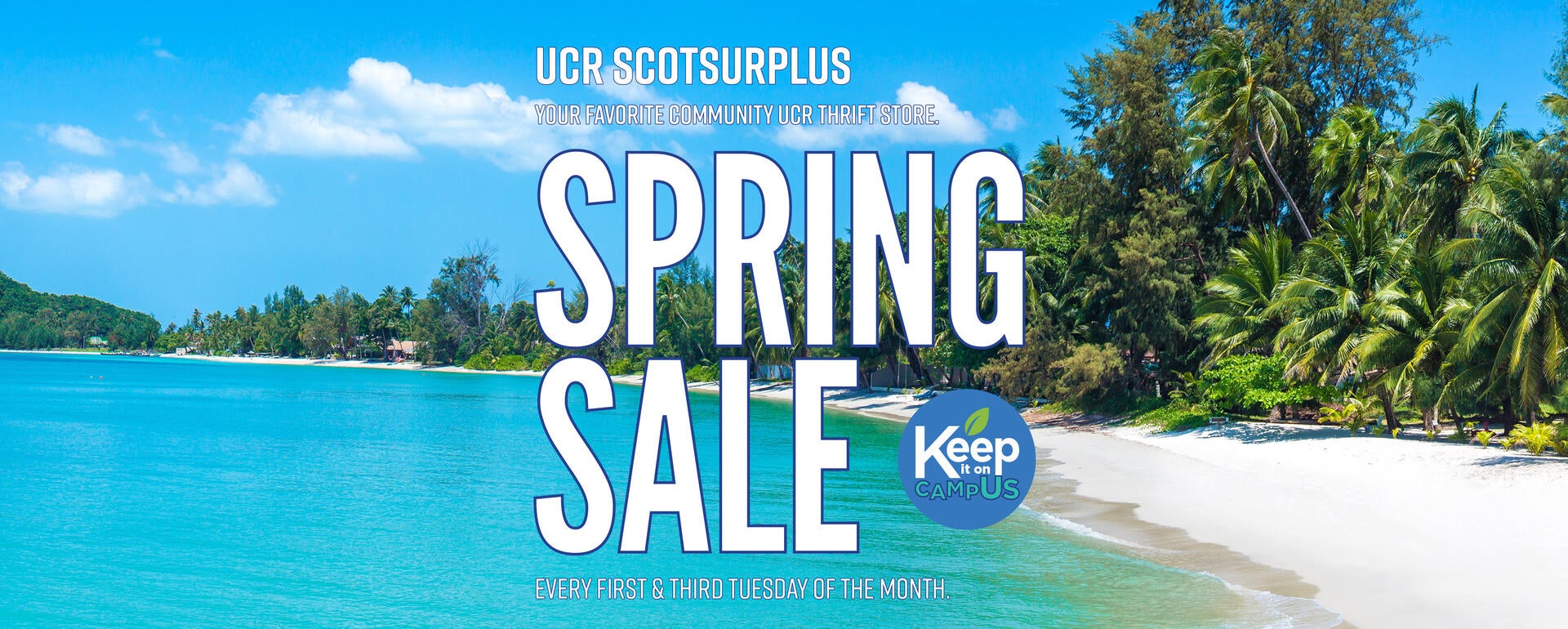 A beach scene with the text "UCR ScotSurplus Spring Sale."
