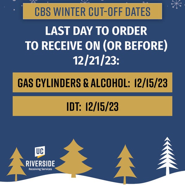 Last day to order Gas Cylinders, Alcohol, and IDT to receive by December 21 is December 15