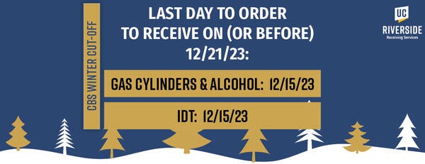 Last day to order Gas Cylinders, Alcohol, and IDT to receive by December 21 is December 15