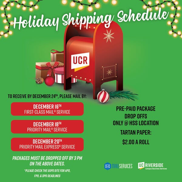 First-Class Mail Service December 16, Priority Mail Service December 18, Priority Mail Express Service December 29