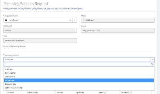 Receiving Services Request Screenshot