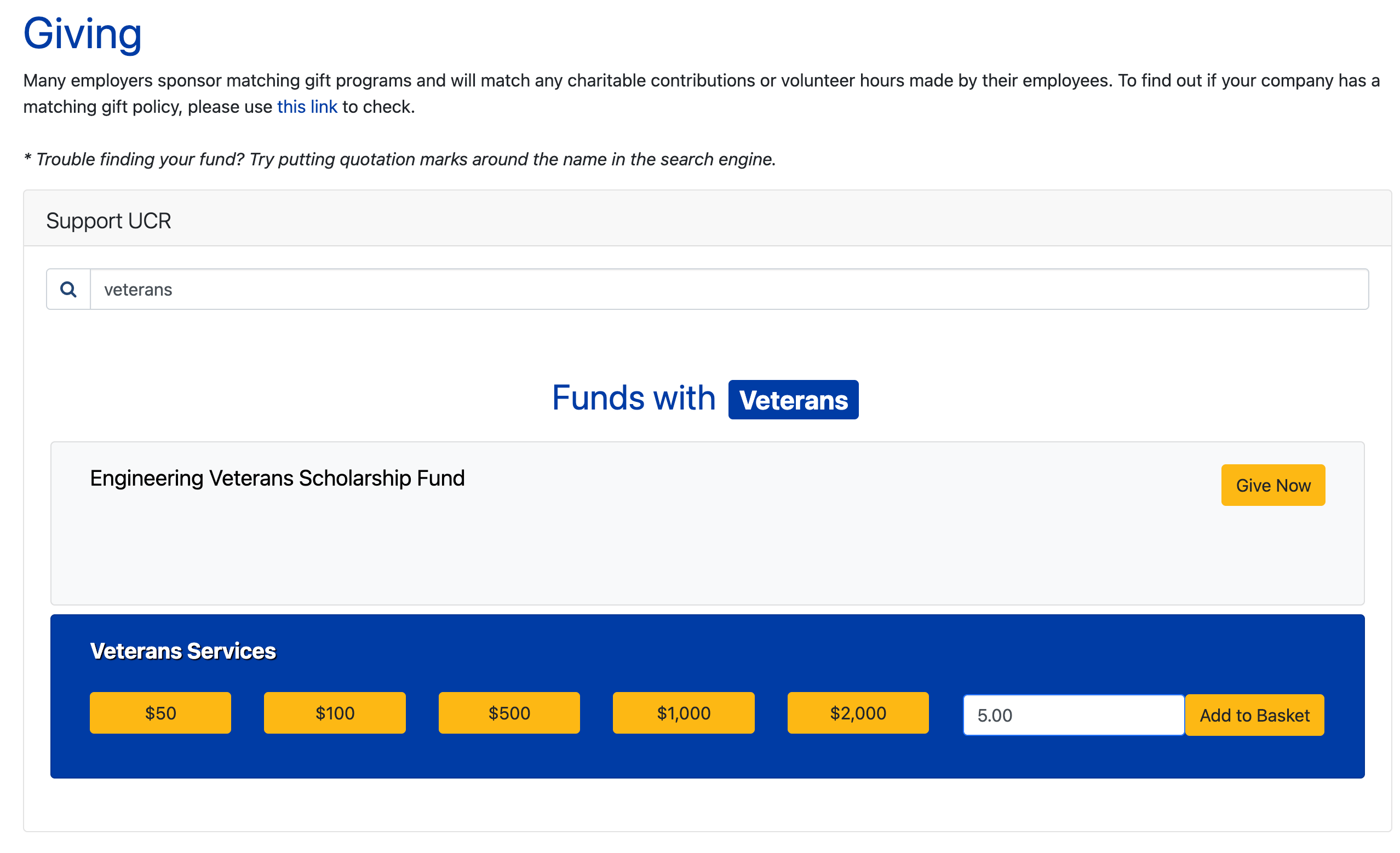 UCR Giving web page displaying search results for 'veterans' and donation options.