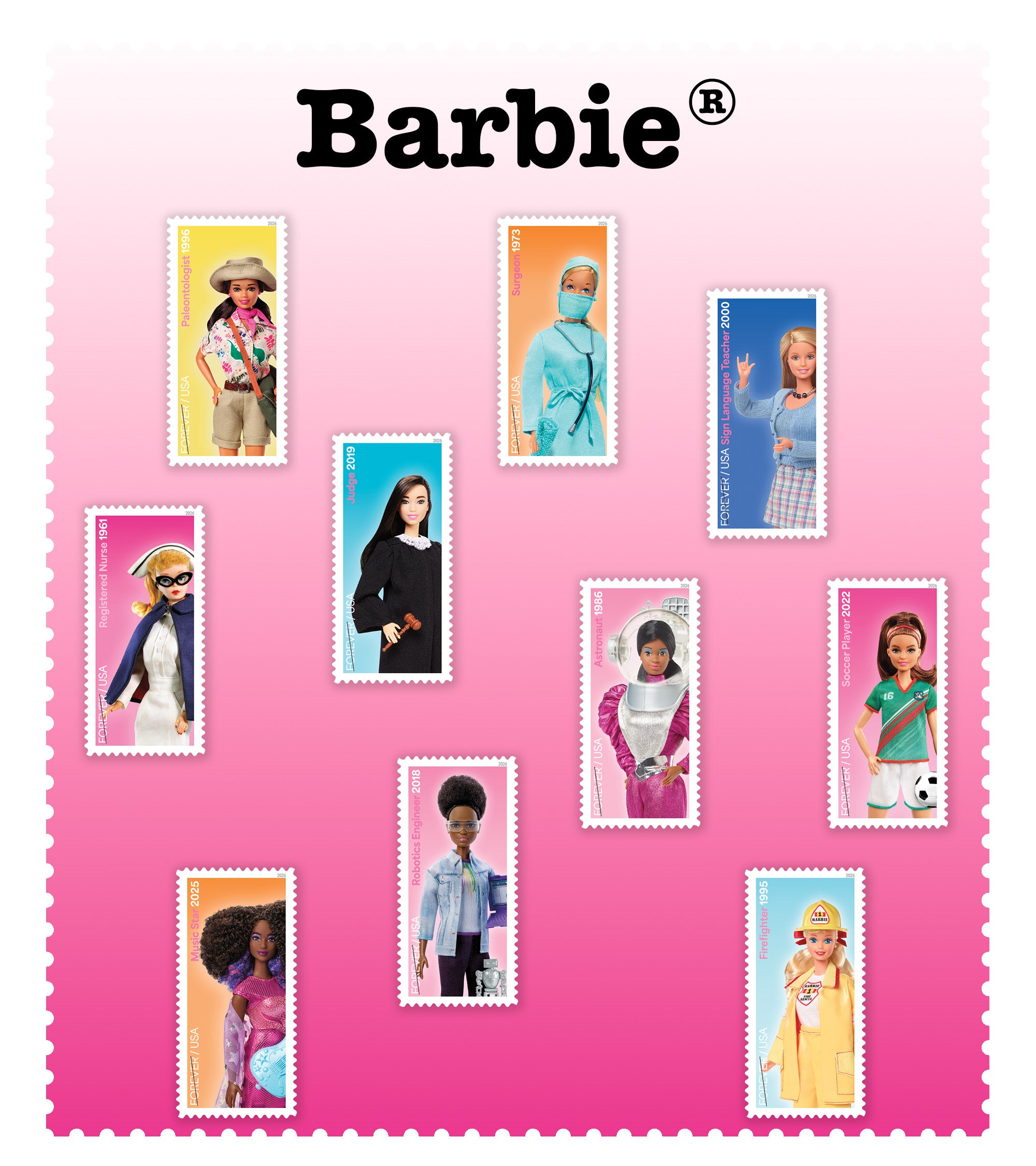 The September Stamp of the Month picks featuring Barbie working in 10 different occupations, on a pink background.